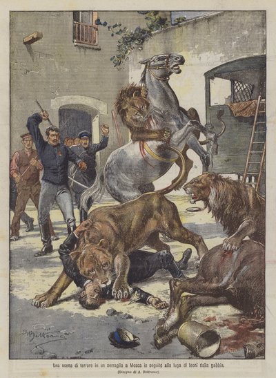 En skräckscen i ett menageri i Moskva efter lejonens flykt från buren av Achille Beltrame