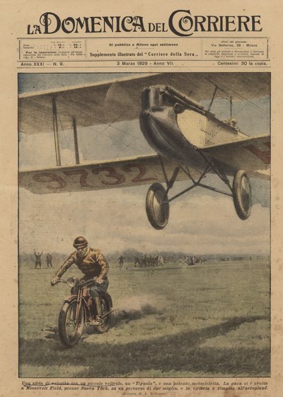 En hastighetsutmaning mellan ett litet flygplan, en Moth och en kraftfull motorcykel av Achille Beltrame