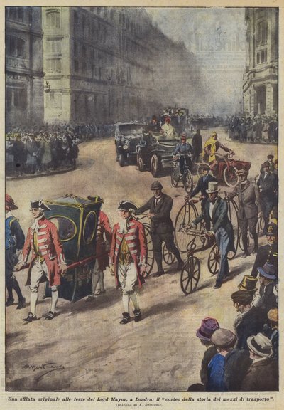 En original parad vid Lord Mayor-firandet i London, processionen av transportens historia av Achille Beltrame