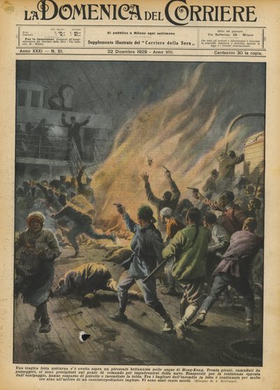 En tragisk nattlig kamp om den utförs på en brittisk ångbåt i Hongkongs vatten av Achille Beltrame