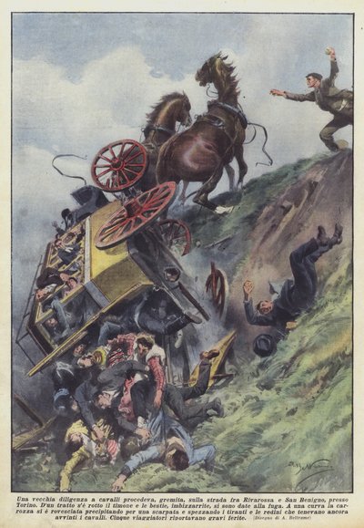 En gammal hästdragen diligence fortsatte, packad, på vägen mellan Rivarossa och San Benigno, nära Turin av Achille Beltrame