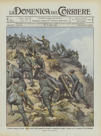 Ännu ett framsteg i Derna, Alpini tvingad av ställenas grovhet att bära på ryggen? av Achille Beltrame