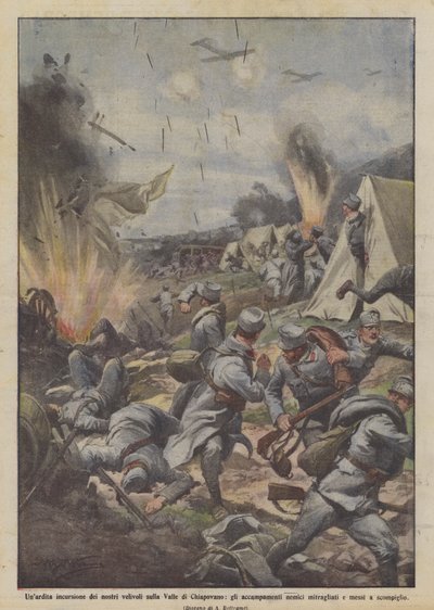 En vågad räd av vårt flygplan på Chiapovanodalen, fiendens lägren? av Achille Beltrame
