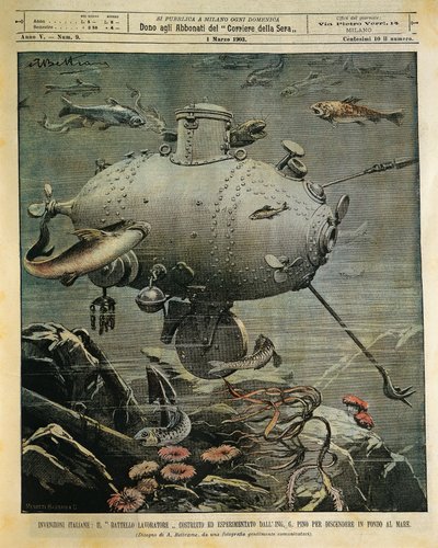 Havsfartyg under vatten för att utforska havsbotten, illustration av Achille Beltrame (1871-1945), från La Domenica del Corriere, 1 mars av Achille Beltrame