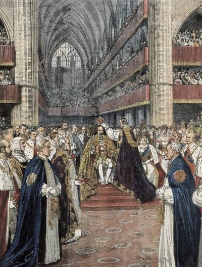 Storbritannien (1901). Kröning av Edward VII i Westminster Abbey. Illustration av Achille Beltrame publicerad i Domenica del Corriere. Gravyr. av Achille Beltrame