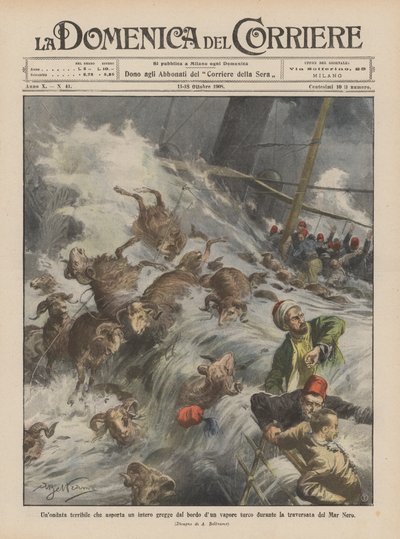 En fruktansvärd våg som sveper in en hel flock från kanten av en turkisk ångbåt under korsningen av Svarta havet av Achille Beltrame