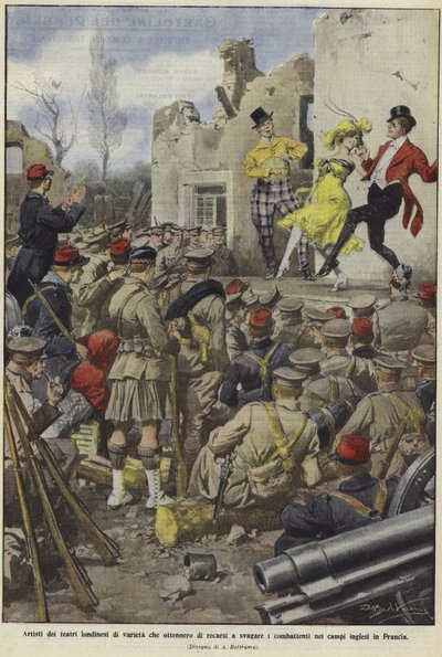 Olika artister från London-teatrar som underhåller de brittiska trupperna i läger i Frankrike av Achille Beltrame