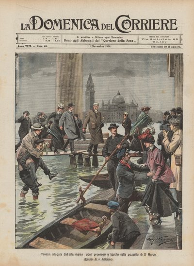 Venedig översvämmas av tillfälliga broar och båtar vid högvatten på torget S Marco av Achille Beltrame