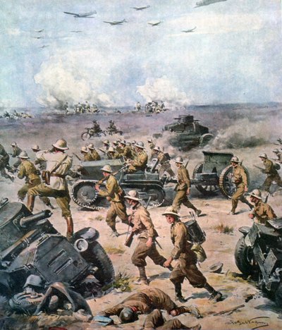 WWII-1940 Nordafrikas kampanj – Italiens invasion av Aegypten, La Domenica del Corriere 22 september 1940 av Achille Beltrame