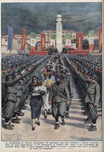 Bröllopsceremoni för medlemmar av svarta skjortor i Veronese Caprino en Venetie Illustration av Achilles Beltrame de "" La Domenica del corriere "" "av 1937-10-10. av Achille Beltrame
