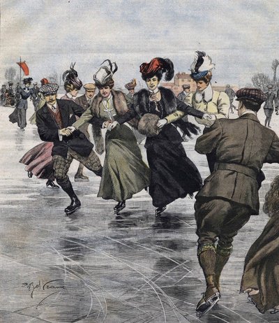 Vinterkul. Skridskoåkare. illustration av Achille Beltrame 1907. av Achille Beltrame