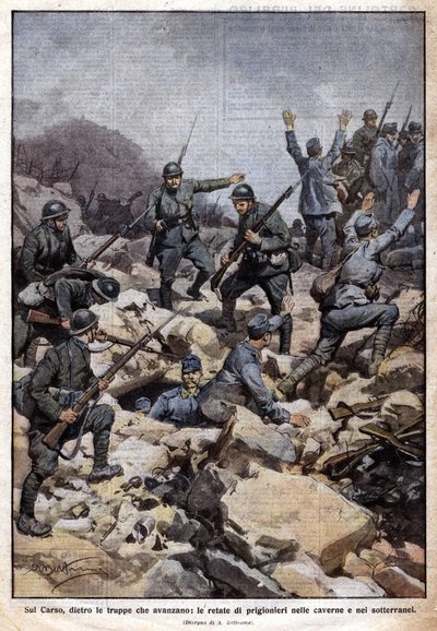 Första världskriget: Italiensk front på Carsoplatån (Trentino) och fångar i tunnelbanan. "Domenica del Corriere". 07/1917 (litografi) av Achille Beltrame