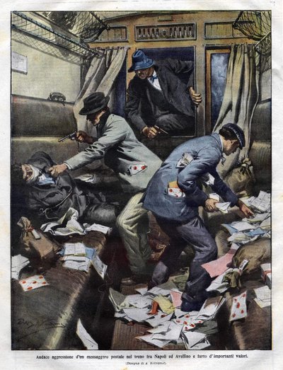 banditer vid överfallet i ett posttåg mellan Neapel och Avellino 1910. Achilles Beltrame-illustration för Domenica del corriere. av Achille Beltrame