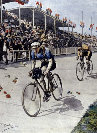 cyklisten Peer Breton Vinnare av Tour de France 1908. illustration av Achille Beltrame. av Achille Beltrame
