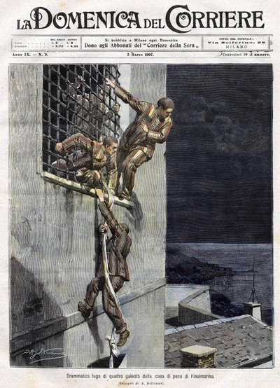 flykt av tre fångar från Finalmarina-fängelset i Italien 1907. Illustration av Achille Beltrame för Domenica del Corriere den 3 mars av Achille Beltrame