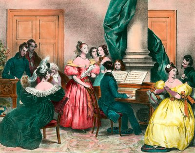 En musikalisk eftermiddag i familjen Gravyr av Achille Deveria (1800-1857) Gravyr från 1800-talet. Privat samling av Achille Devéria