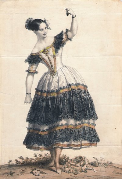 Fanny Elssler som Florinda i dansen La Cachucha-baletten Le Diable lame, 1836 av Achille Devéria