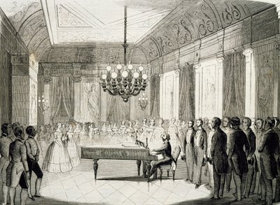Musikalisk kväll med piano, av Achille Deveria (1800-1857), gravyr, Frankrike av Achille Devéria