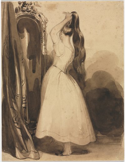 Ung kvinna som kammar sitt hår, 1800-talet, före 1857. av Achille Devéria