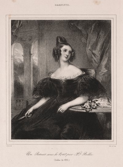 Ung kvinna med en fläkt vid ett bord, 1835. av Achille Devéria