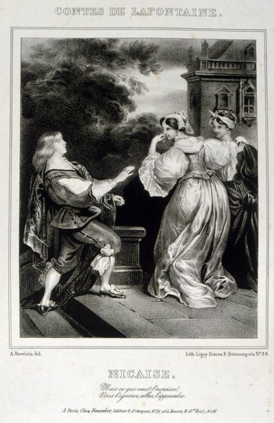 Illustration från "Nicaise" från berättelserna om La Fontaine av Achille Devéria