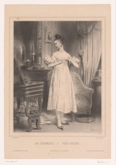 Ung kvinna i hennes slip La chemise / Skjortan (titel på objekt) Damkläder (serietitel) av Achille Devéria