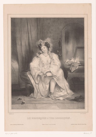 Ung kvinna tar av brodequin Le brodequin / The brodequin (titel på objekt) Damkläder (serietitel) av Achille Devéria