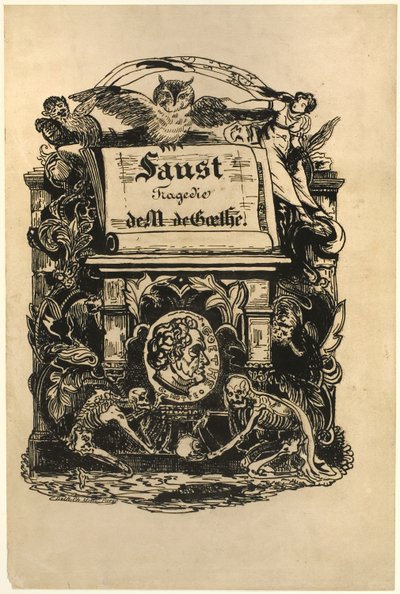 Porträttmedaljong av Goethe, titelblad från Faust av Achille Devéria