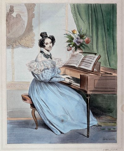 Klockan sju på kvällen, kvinna vid pianoforten av Devéria, början av 1800-talet av Achille Devéria
