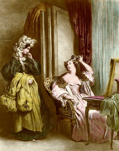 Toaletten: en elegant ung kvinna med sin tjänarinna Litografi av Achilles Deveria (1800-1857) 1800-talssamling Particuliere av Achille Devéria