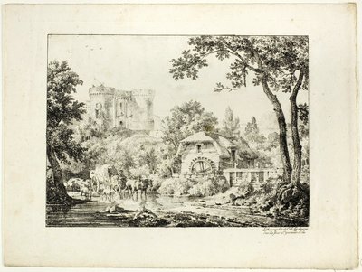 Landskap med kvarn och slott av Achille Etna Michallon