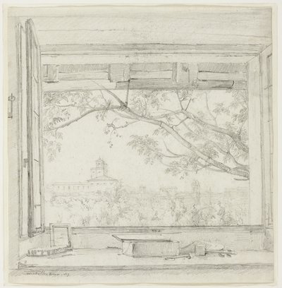 Utsikt över Villa Medici och Sta Trinità dei Monti från Ingres ateljé i Pavillon San Gaetano, Rom av Achille Etna Michallon