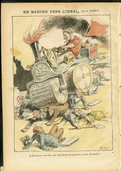 Illustration av Achille Lemot (1846-1909) i Le Pelerin, 27/05/06 - På väg mot idealet - Social, Bilar, döda kroppar, Revolution, Röda flaggan, Ekonomi, Socialism, Pneumatisk, Punktering av Achille Lemot
