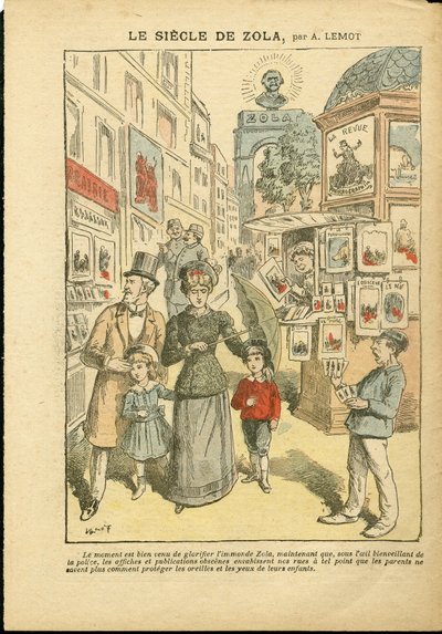 Illustration av Achille Lemot (1846-1909) i Le Pelerin, 03/05/08 - Zolas århundrade - Religion Tro, Familj, Pornografi, Tidningskiosker, Katolsk katolicism, Rue alley - Zola Emile av Achille Lemot