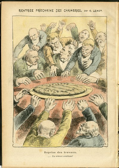 Illustration av Achille Lemot (1846-1909) i Le Pelerin, 03/06/06 - Nästa uthyrning av kamrarna - Antiparlamentarism, Deputeradekammaren Hemicycle, Galette des rois - Deputerad av Achille Lemot