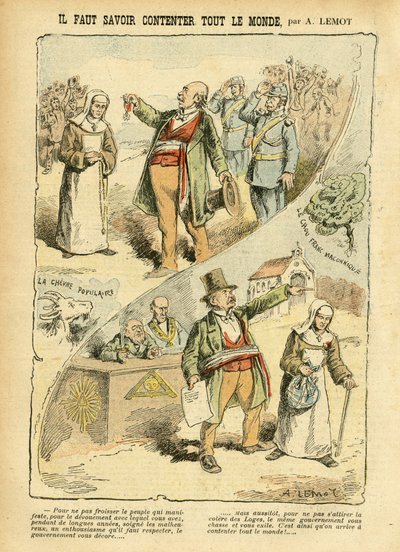Illustration av Achille Lemot (1846-1909) i Le Pelerin, 03/09/05 - Du måste veta hur man behagar alla - Antiklerikalism, Antimakonism Freemaking, Religion Tro, Medalj, Bloc des lefts, Katolsk katolicism - Vräkningar av religiösa, Laicization Lai av Achille Lemot