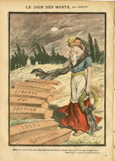 Illustration av Achille Lemot (1846-1909) i Le Pelerin, 03/11/07 - The Day of the Dead - Rättvisa processer, Religion Faith, Liberte, Frankrike, Trefärgad flagga, Patriotism, Mourning Obseque Begravning, Honour, Casket - Marianne - Döden, religiös metafor av Achille Lemot