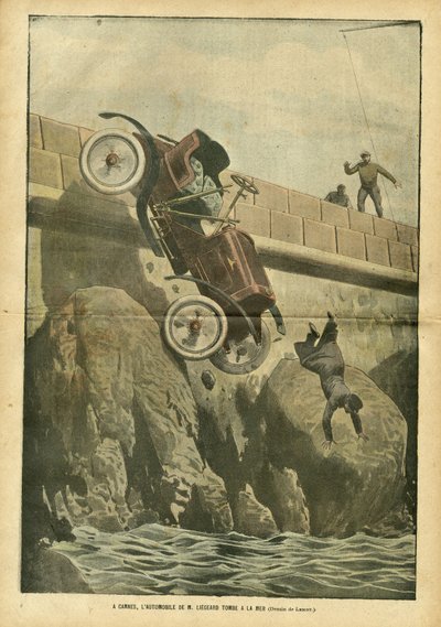 Illustration av Achille Lemot (1846-1909) i Le Pelerin, 05/05/07 - I Cannes faller herr Liegards bil till havet - Diverse fakta, Bilindustri, Marine Seaside, Olyckor Katastrofer av Achille Lemot