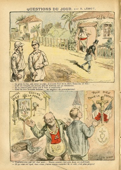 Illustration av Achille Lemot (1846-1909) i Le Pelerin, 06/10/07 - Dagens fråga - Kolonisering Kolonialism Kolonism, Antimaconism Freemaking, Religion Tro, Ateism, Patriotism, Exil, Katolsk Katolicism - Nybyggare, Explorer, Forcats, Bagnards av Achille Lemot