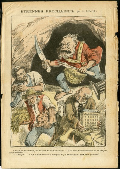 Illustration av Achille Lemot (1846-1909) i Le Pelerin, 07/01/06 - Nästa främling - Jordbruk, Kollektivism, Socialism - Arbetare, Bönder, Bönder - Ogre/äta/svala, Animalisering av Achille Lemot