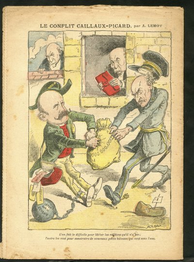 Illustration av Achille Lemot (1846-1909) i Le Pelerin, 07/03/09 - Caillaux-Picard-konflikten - Beskattning, inkomstskatt - Combes Emile (1835-1921), Clemenceau George, Caillaux Joseph (1863-1944) av Achille Lemot