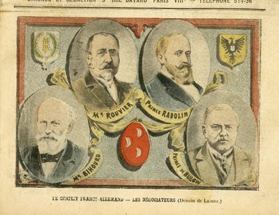 Illustration av Achille Lemot (1846-1909) i Le Pelerin, 09/07/05 - Den fransk-tyska konflikten förhandlarna - Kolonisering Kolonialism Kolonier, Tyskland Preussen, Marocko, Frankrike, Tanger - Rouvier Maurice (1842-1911), Bulow Bernhard von (1849-1929), Ra av Achille Lemot