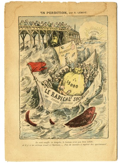 Illustration av Achille Lemot (1846-1909) i Le Pelerin, 20/06/09 - I förgängelse - Radikalism, Val, Antimaconism Freemaking, Maritime Marine Seaside, Femton tusen, Parlamentariska gottgörelser, Radikala och Radikala Socialistpartiet - Fisk, Shark - Ani av Achille Lemot
