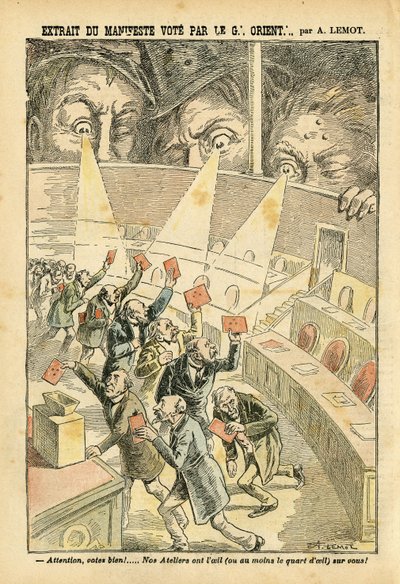 Illustration av Achille Lemot (1846-1909) i Le Pelerin, 20/11/04 - Utdrag ur manifestomröstningen av Great Orient - Antimaconism Freemaking, Great Orient of France - Urna av Achille Lemot