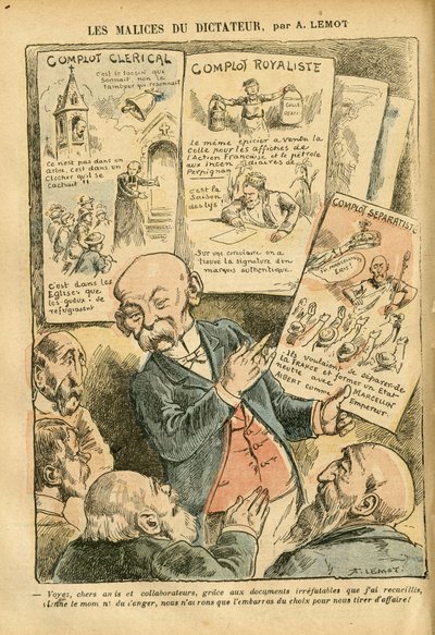 Illustration av Achille Lemot (1846-1909) i Le Pelerin, 21/07/07 - The Malices of the Dictator Clerical Conspiracy Royalistisk konspiration Separatistisk konspiration - Royalism, Religion Tro, Vänsterblocket, Katolsk katolicism - Clemenceau George av Achille Lemot