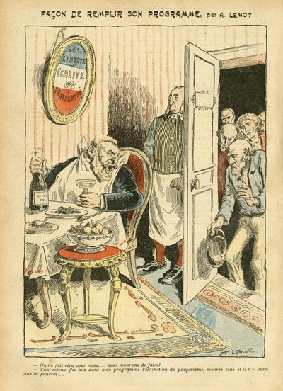 Illustration av Achille Lemot (1846-1909) i Le Pelerin, 23/07/05 - Hur man fullföljer sitt program - Social, Misere, Gastronomiskock, Socialism - Jaures Jean, Deputat, Homemans - Matmetafor, Opposition/Association av Achille Lemot