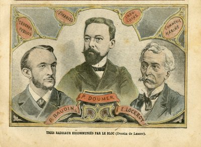 Illustration av Achille Lemot (1846-1909) i Le Pelerin, 23/10/04 - Tre radikala excommunies av blocket - Budgetekonomi, republikens president, Maritime Marine Nautique Balneaire, Bloc des left, Indokine, Works publics - Doumer Paul (1857-1932), av Achille Lemot