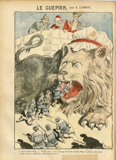 Illustration av Achille Lemot (1846-1909) i Le Pelerin, 25/08/07 - Le Guepier - Kriget, Tyskland Preussen, England Storbritannien, Spanien, Maritime Marine Seaside - Lion/Tiger av Achille Lemot