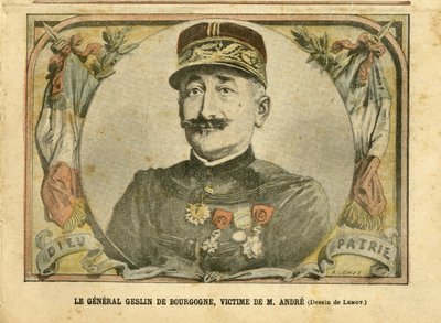 Illustration av Achille Lemot (1846-1909) i Le Pelerin, 27/03/04 - General Geslin av Bourgogne. Andrew - Army, Case of the Cards - Andrew Louis, generalgeneraler, Julius Henry Geslin av Bourgogne (1812-1897) av Achille Lemot