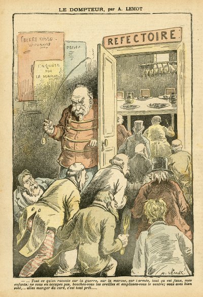Illustration av Achille Lemot (1846-1909) i Le Pelerin, 27/03/04 - Tämjaren - Restaurangkaféer, gastronomikock - Combes Emile (1835-1921), Tamer - Matmetafor av Achille Lemot